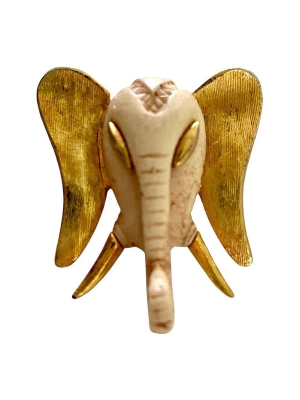 Vintage Razza Signed Elephant Head Brooch, Beige & Gold, 2” x 1 1/2”, Rare!